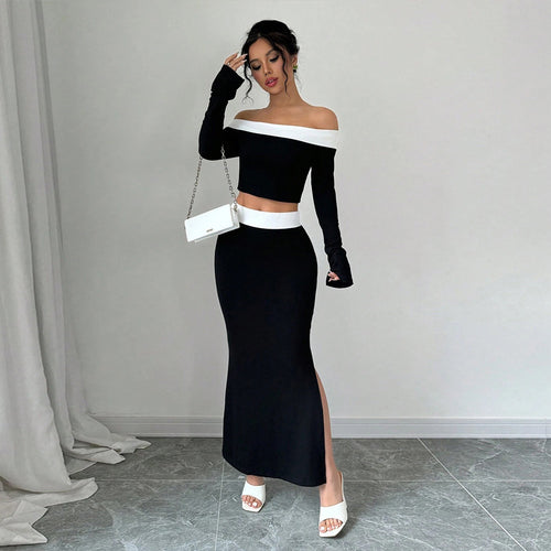 Chic & Stil Women's Off-Shoulder Crop Top and Maxi Skirt Set
