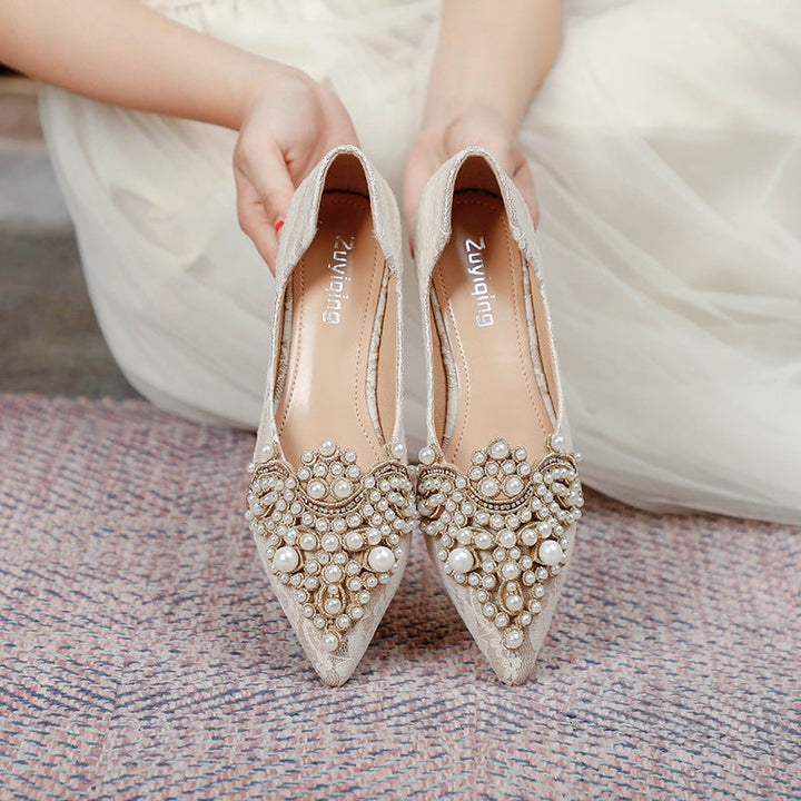 Lune London | Elegant Bridal Ballet Flats with Lace and Artificial Pearls