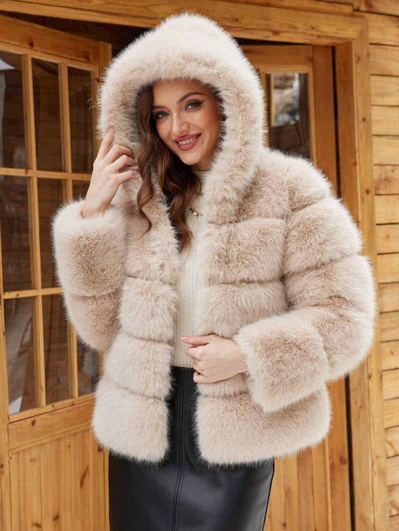 Ladies Trendy Faux Fur Jacket with Hood Lune London