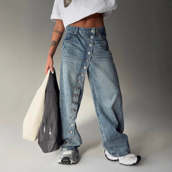 Jeans pour femmes à coupe large avec boutonnière continue Chic & Stil