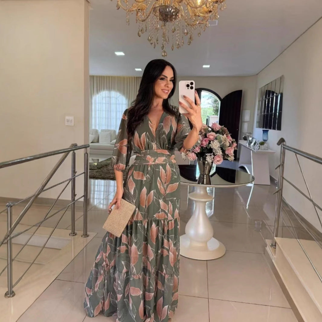 Maxi dress for women with colorful leaf pattern and fitted belt Lune London