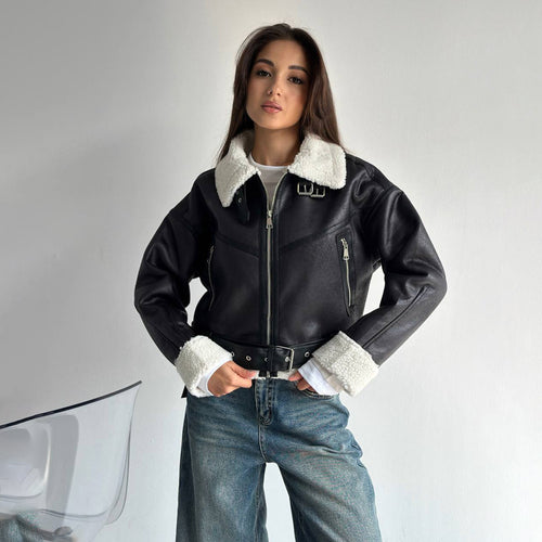 Faux leather jacket for women with high-quality fleece lining and sculpting belt Lune London