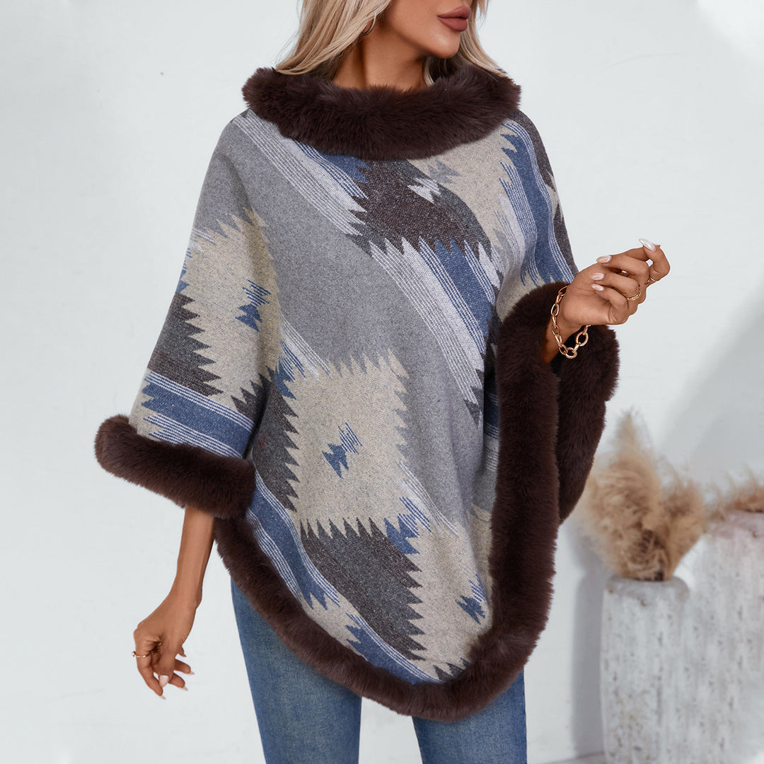 Women's plush sweater with high-quality faux fur trim and geometric pattern Lune London