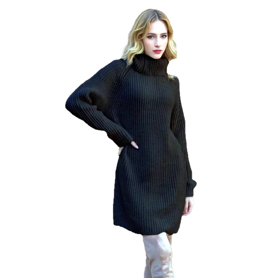 Knit dress for women with high collar and fine ribbed structure Lune London