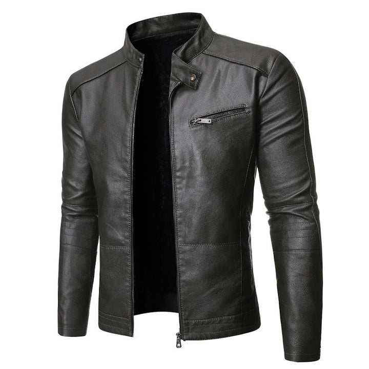 Men's leather motorcycle jacket with asymmetrical zipper and quilted sleeves Lune London