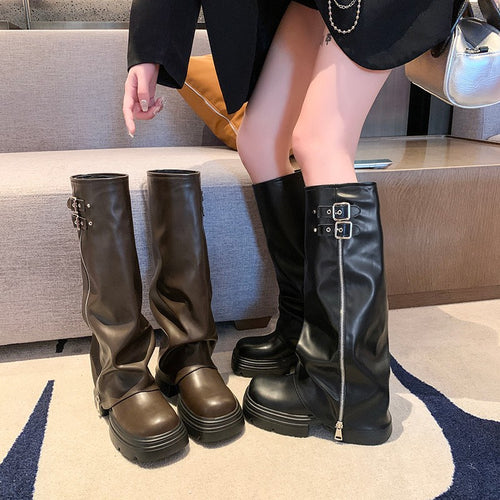 Knee-high boots for women with trendy zipper and adjustable strap Lune London