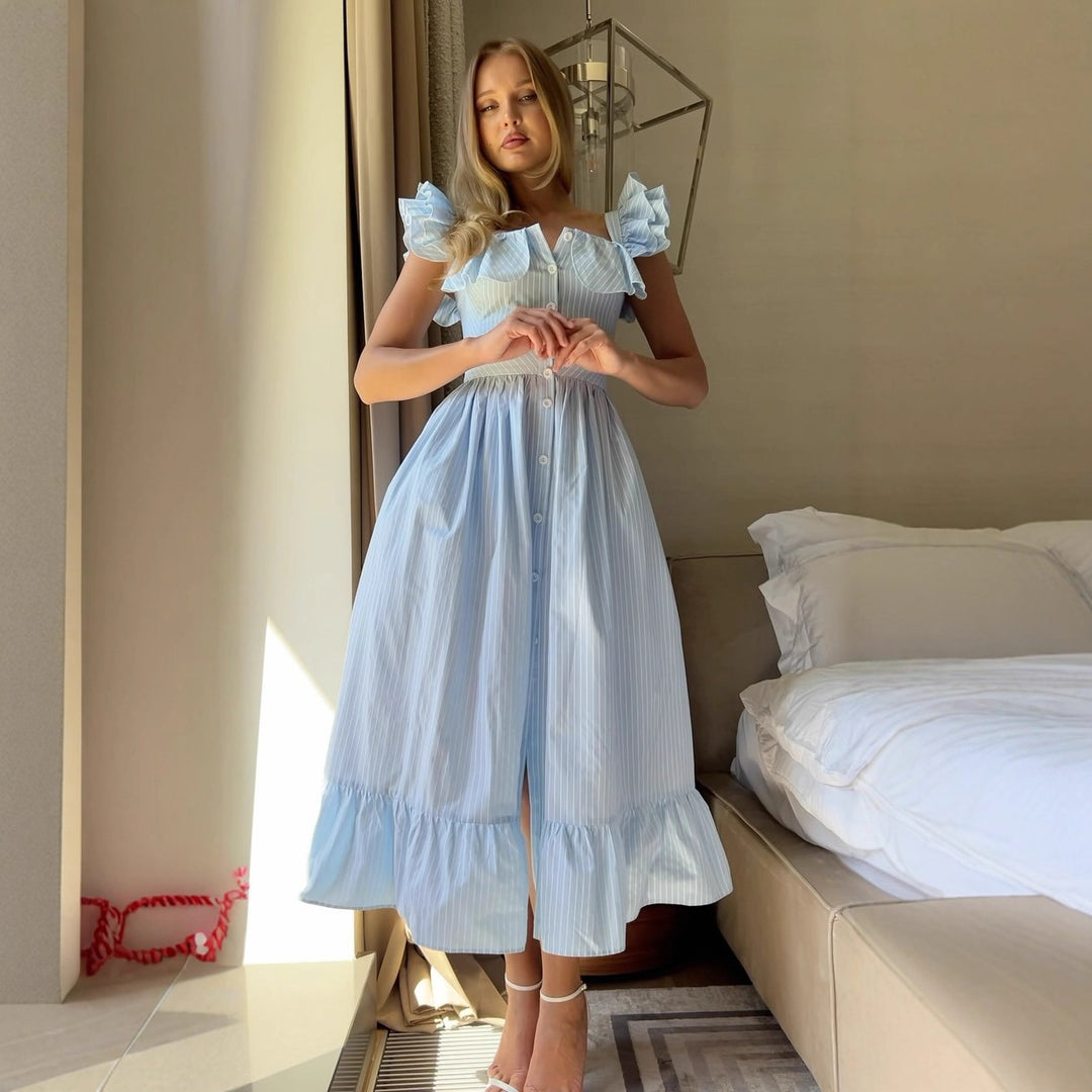 Summer ruffled dress for women with button details and flared skirt Lune London