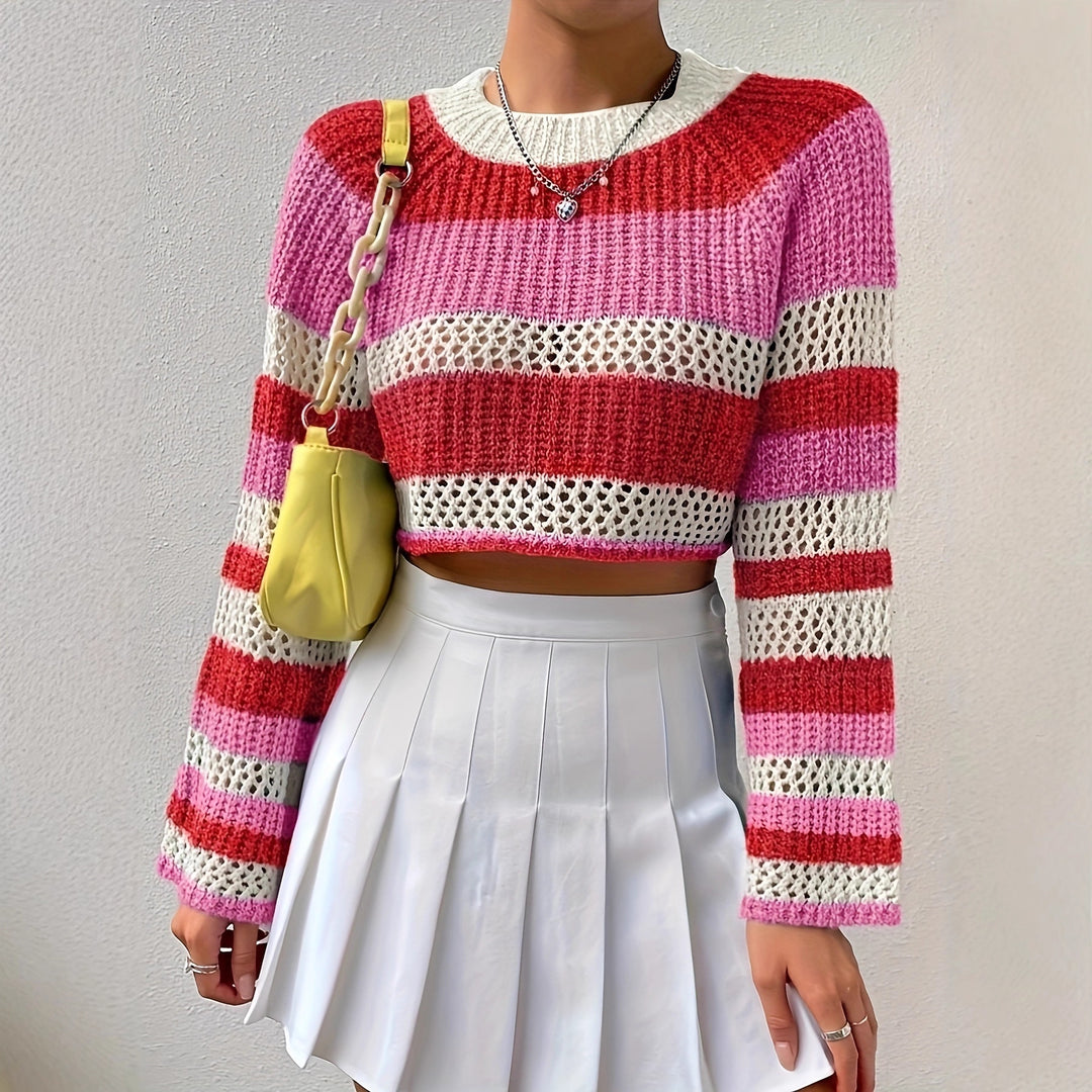 Knitted sweater for women with a playful hollow pattern and colorful stripes Lune London