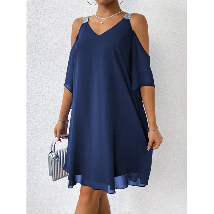 Fluid dress for women with off-the-shoulder design and ruffled hem Lune London