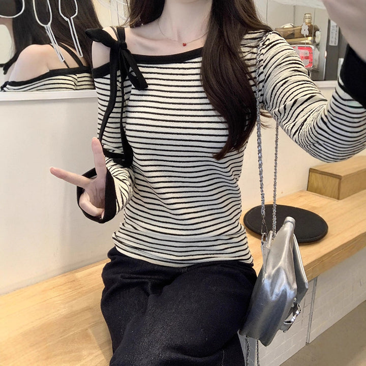 Women's Off-Shoulder Long Sleeve Shirt with Playful Tying Details