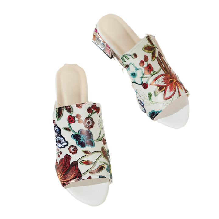 Women Strappy Mules with Floral Design and Comfortable Block Heel Lune London