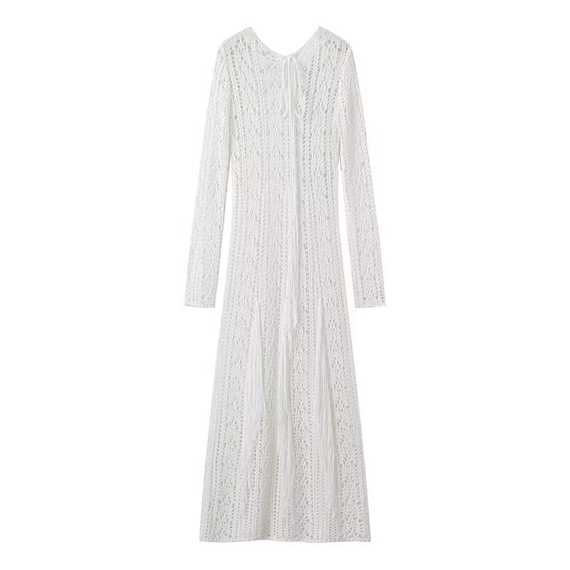 Maxi knit dress for women with an elegant openwork pattern and a longer cut Lune London