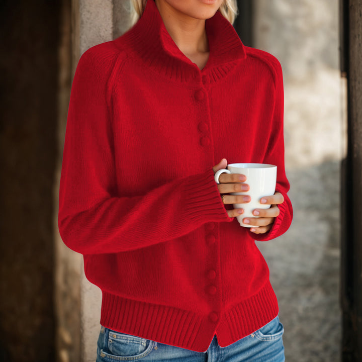 Women's knitted jacket with high collar and stylish button details Lune London