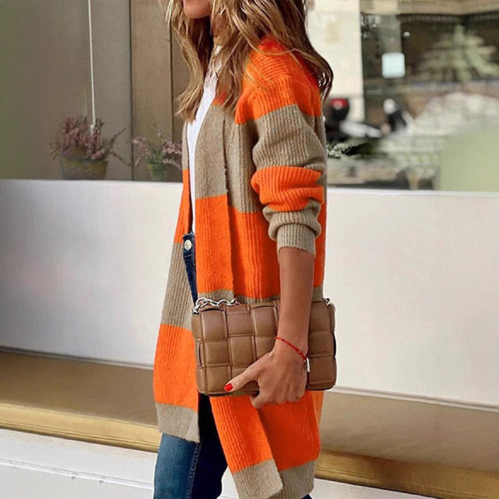 Women's long sleeve knitted cardigan with trendy color blocks Lune London
