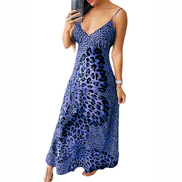 Maxi dress for women with a fine spaghetti strap design and a striking animal pattern Lune London