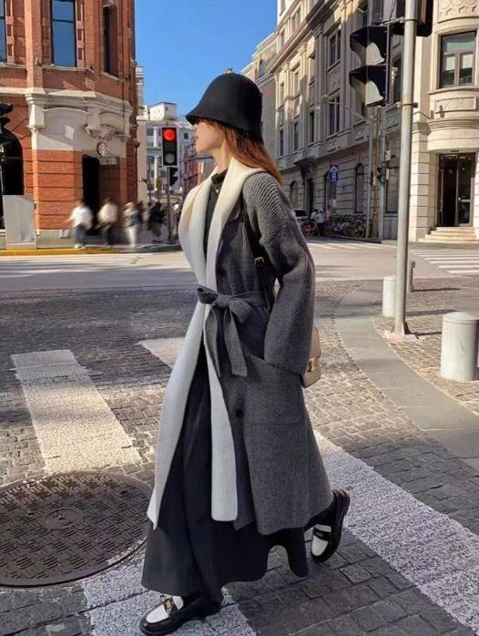 Elegant ladies long coat with belt and contrasting sleeves Lune London