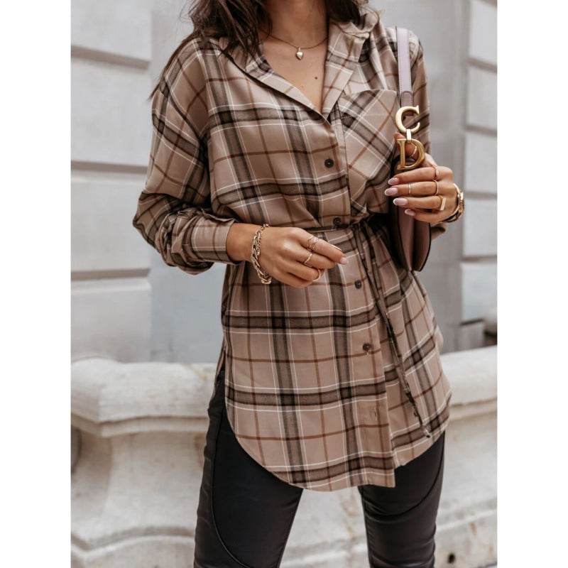 Long sleeve shirt dress for women with adjustable belt and trendy checkered design Lune London
