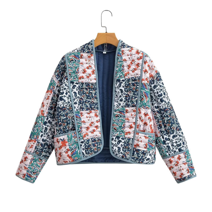 Fashion quilted jacket for women with a colorful floral patchwork design Lune London