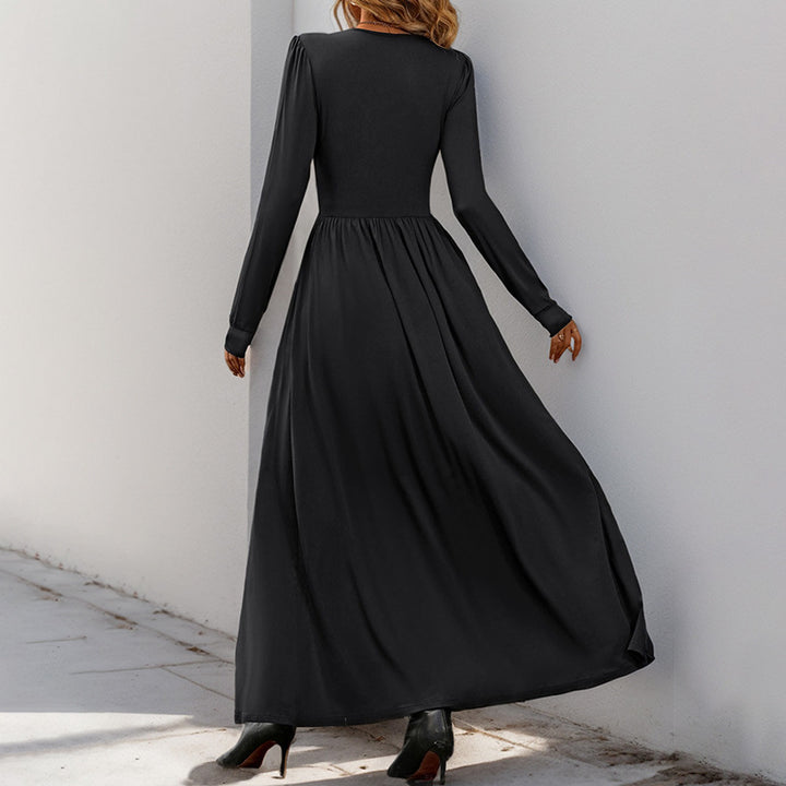 Elegant maxi dress for women with deep V-neck and decorative ruffle design Lune London