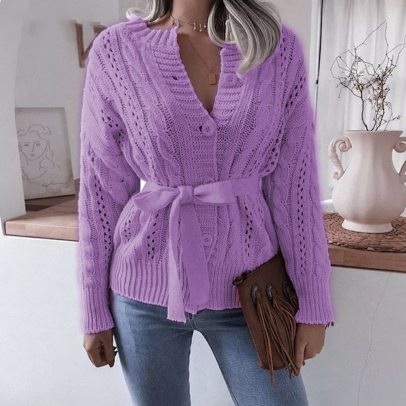 Knit jacket for women with waist belt and refined decorative patterns Lune London