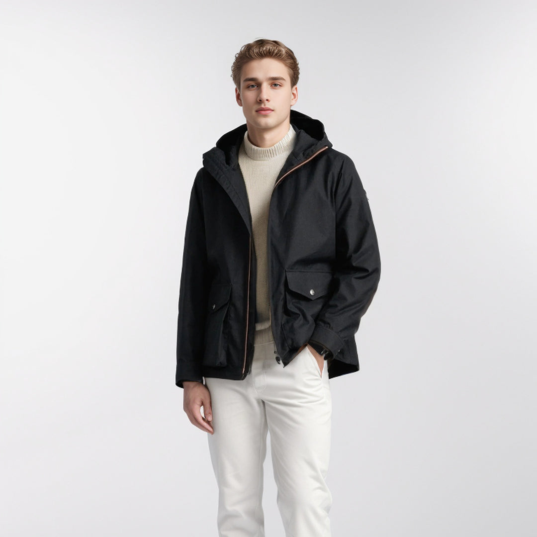 Transitional jacket for men with practical pockets and adjustable hood collar Lune London