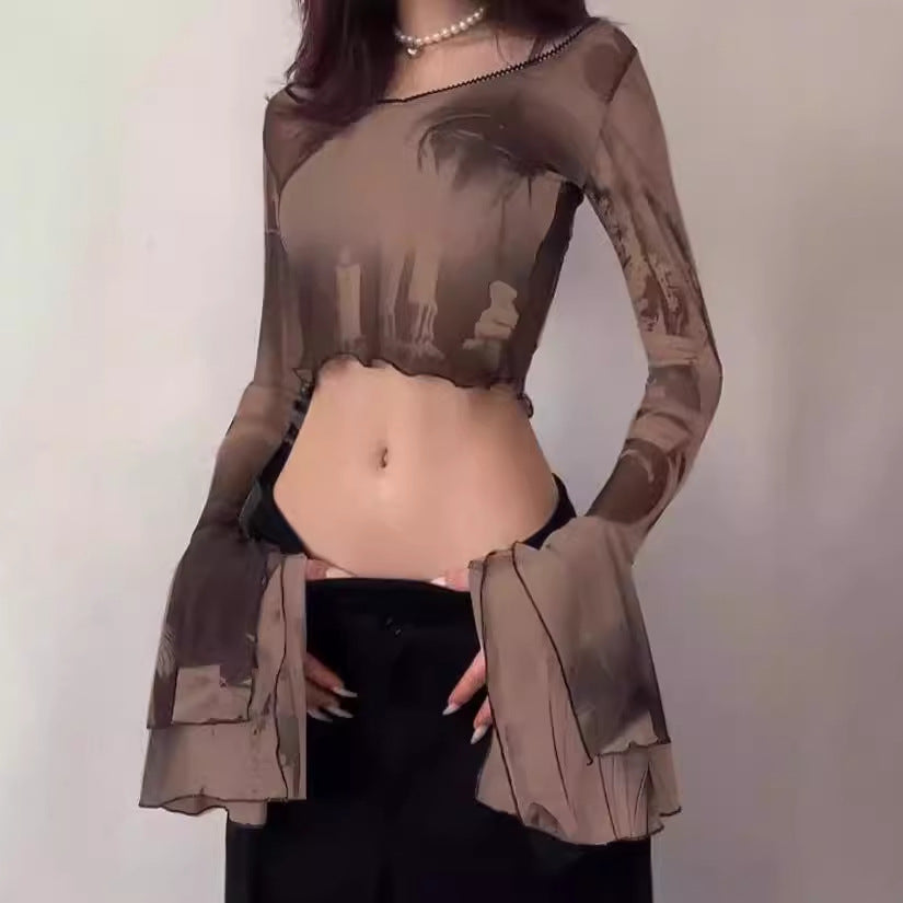 Women Crop-top with transparent sleeves and artistic print Lune London