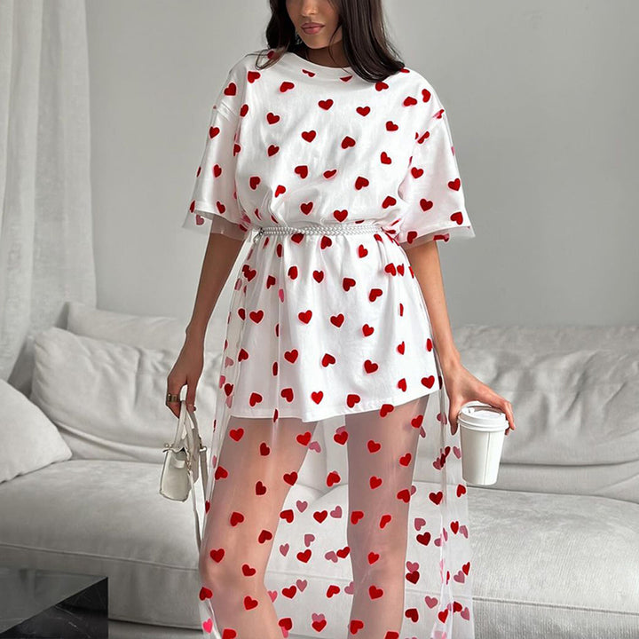 Modern tunic dress for women with heart pattern and sheer layer Chic and Style