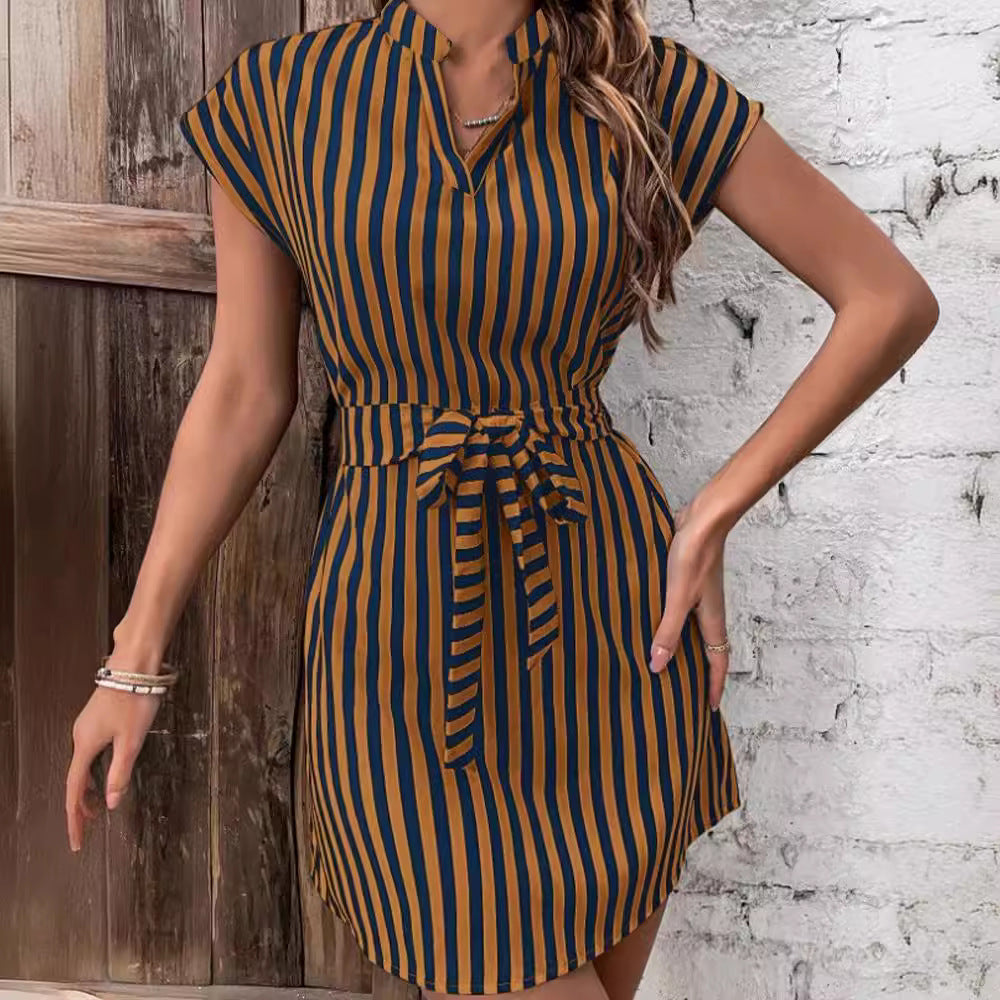 Trendy short-sleeved short dress for women with a slim belt at the waist and a fashionable striped pattern Lune London