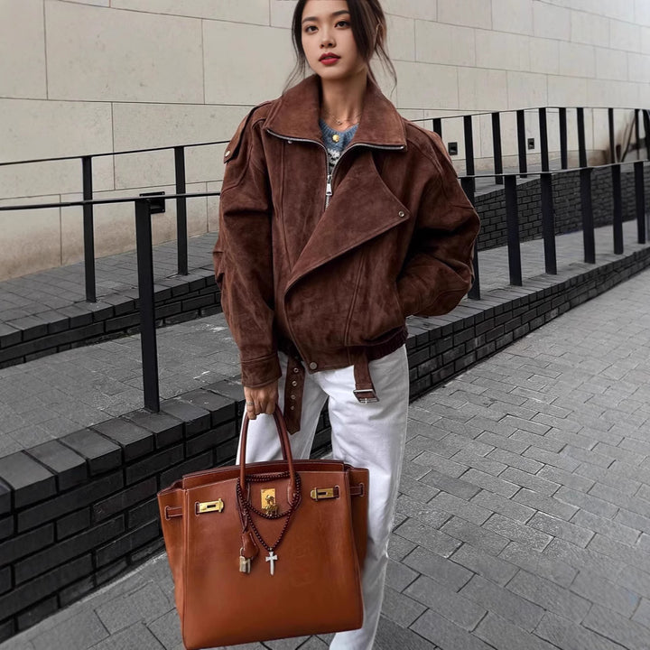 Women's oversized leather jacket with belt Lune London