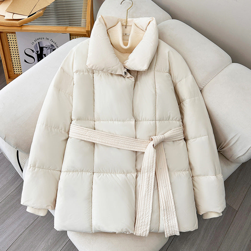 Ladies trendy quilted jacket with belt and high collar Lune London