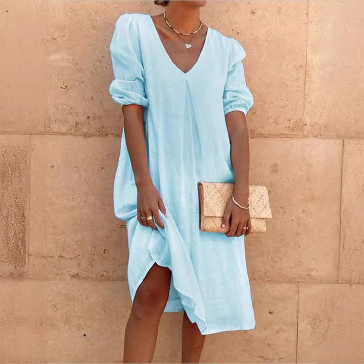 Casual linen dress for women with V-neck and puff sleeves Lune London