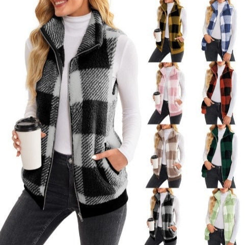 Fleece vest for women with plaid pattern and high-quality zipper Lune London