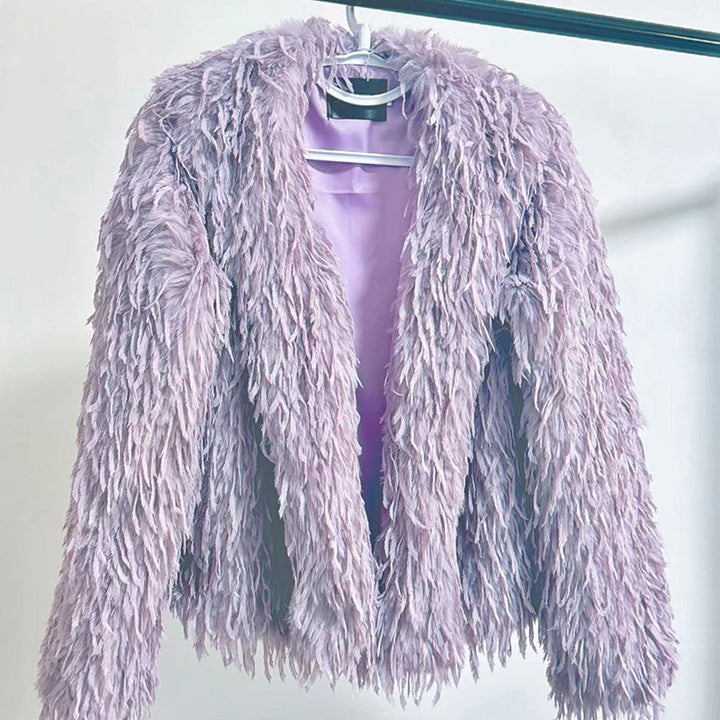 Ladies Short Cozy Jacket in Synthetic Fur with Chic and Stylish V-Neck