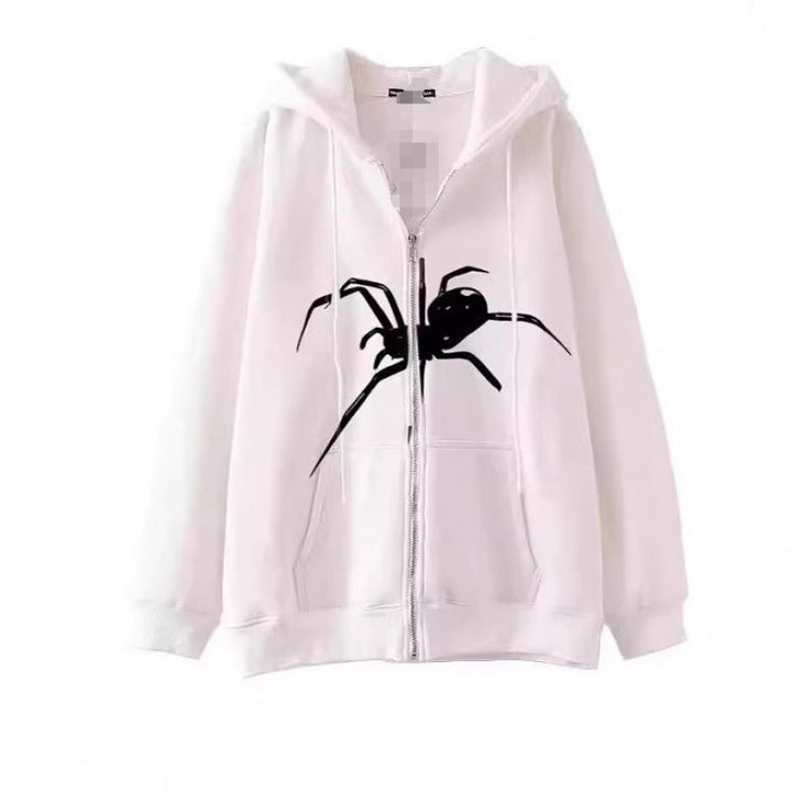Women's hooded jacket with creative spider motif and practical zipper Lune London