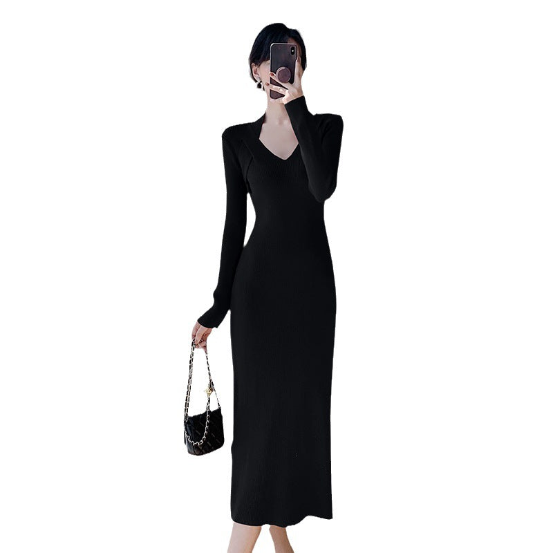 Robe longue à manches longues pour femmes avec décolleté en V et fente latérale Chic & Stil