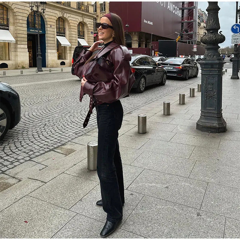 Trendy faux leather jacket for women with an oversized fit and structured shoulders Lune London