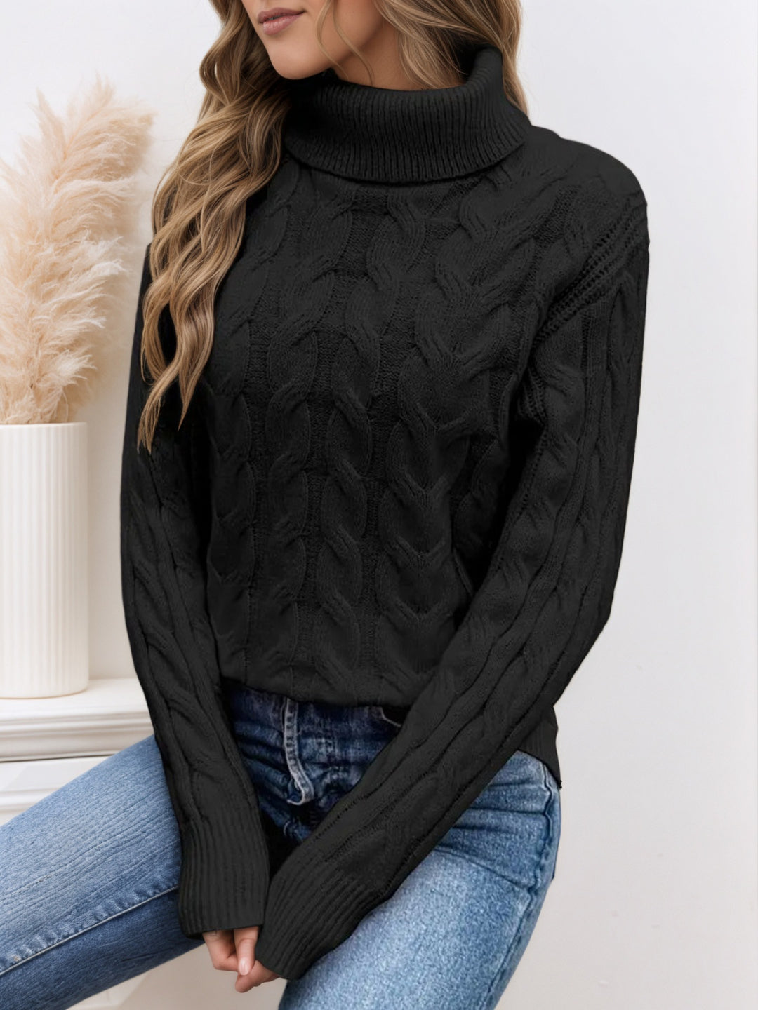 Knit sweater for women with high collar and cable pattern Lune London