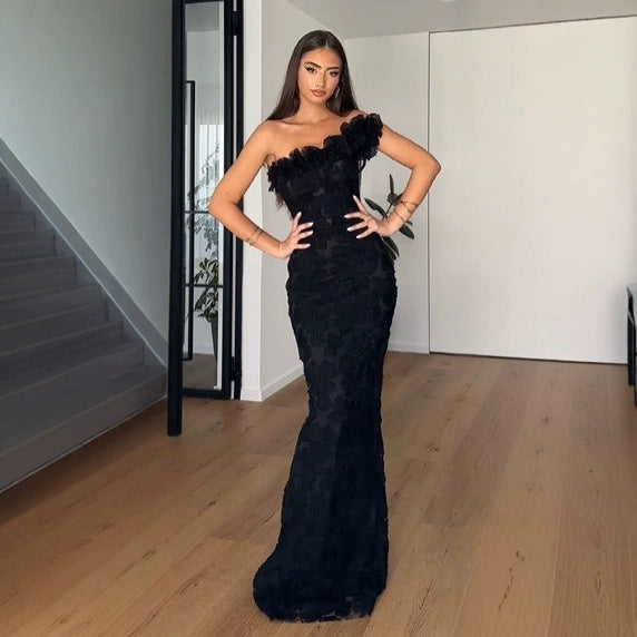 Women's Elegant Evening Dress with Floral Detail and Off-Shoulder Design