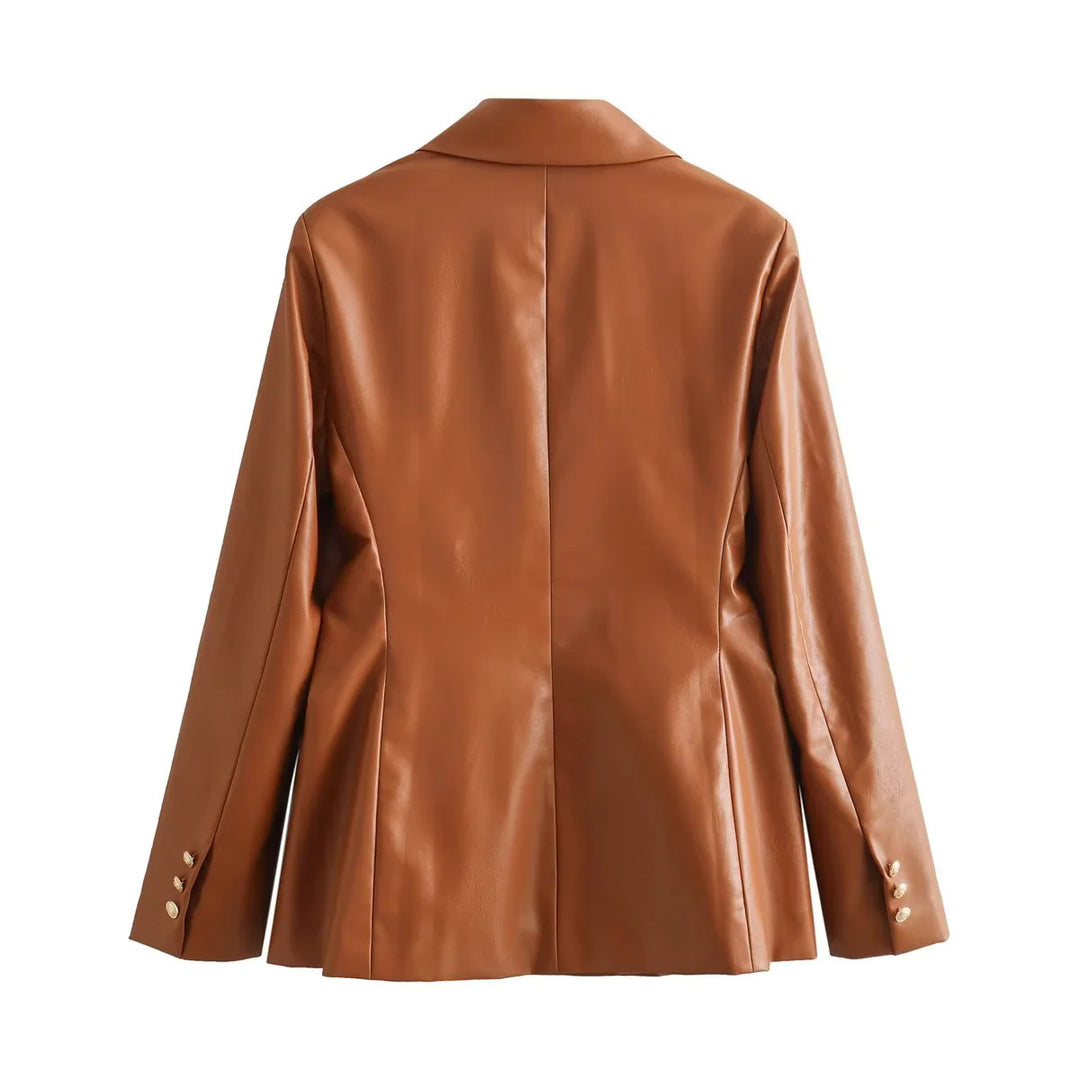 Elegant faux leather blazer jacket for women with double-breasted buttons and gold accents Lune London