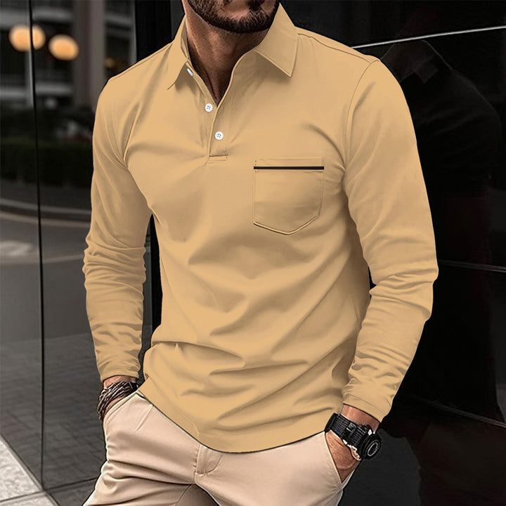 Men's Long Sleeve Polo with Trendy Stand-Up Collar and Practical Chest Pocket Lune London