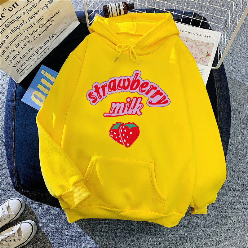 Ladies hooded sweatshirt with cheerful strawberry milk design Chic & Stil