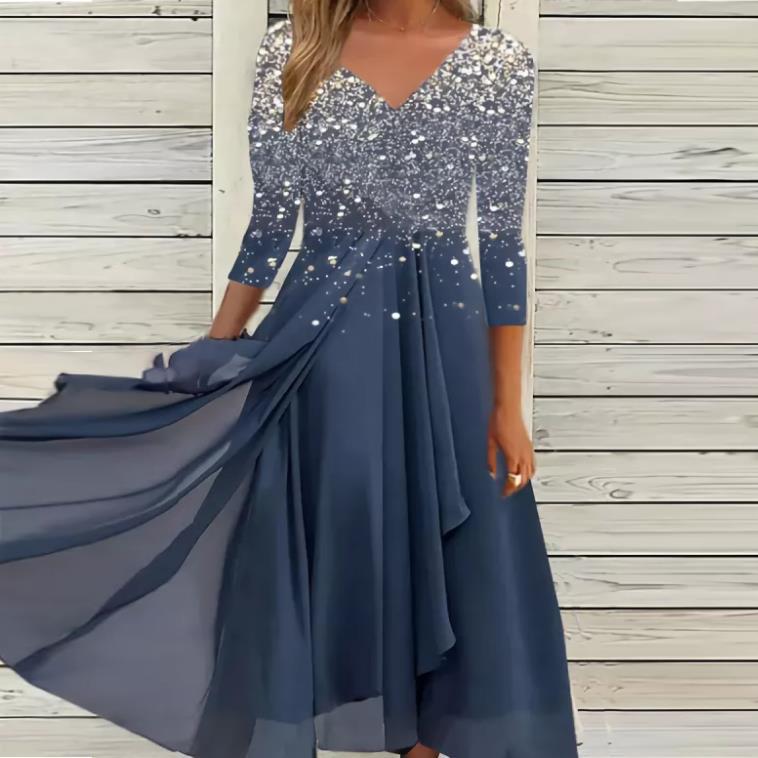 Maxi dress for women with sparkling V-neck and flowing hem Lune London