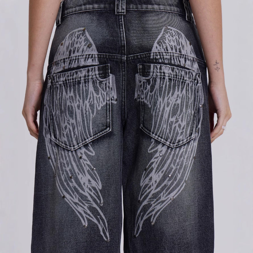 Women's wide jeans with artistic wing design and unique details Lune London
