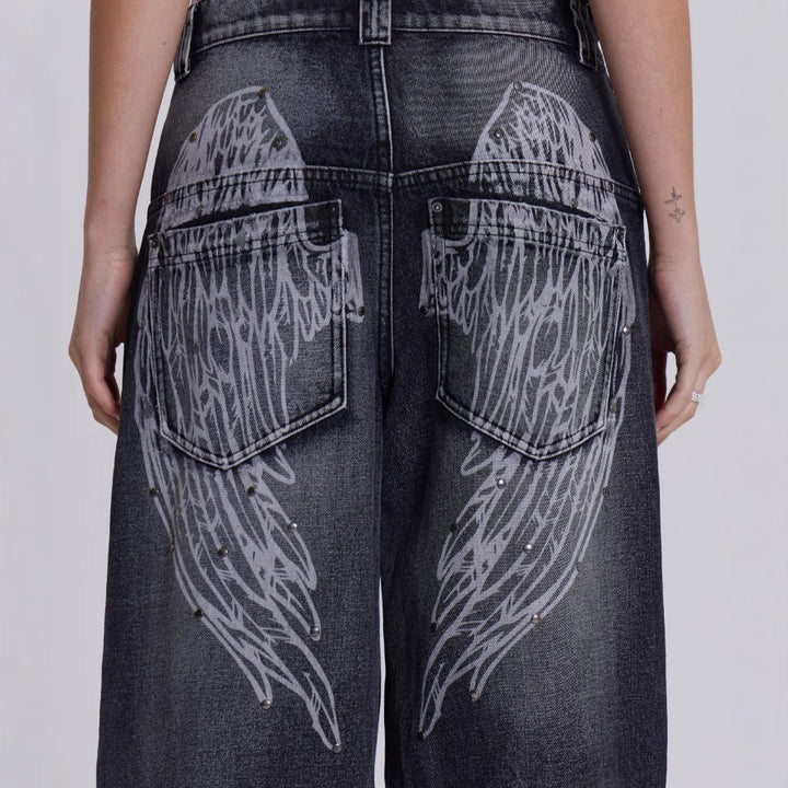 Women's wide jeans with artistic wing design and unique details Lune London