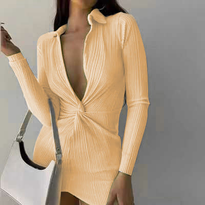Pleated dress for women with deep V-neck and long sleeves Lune London
