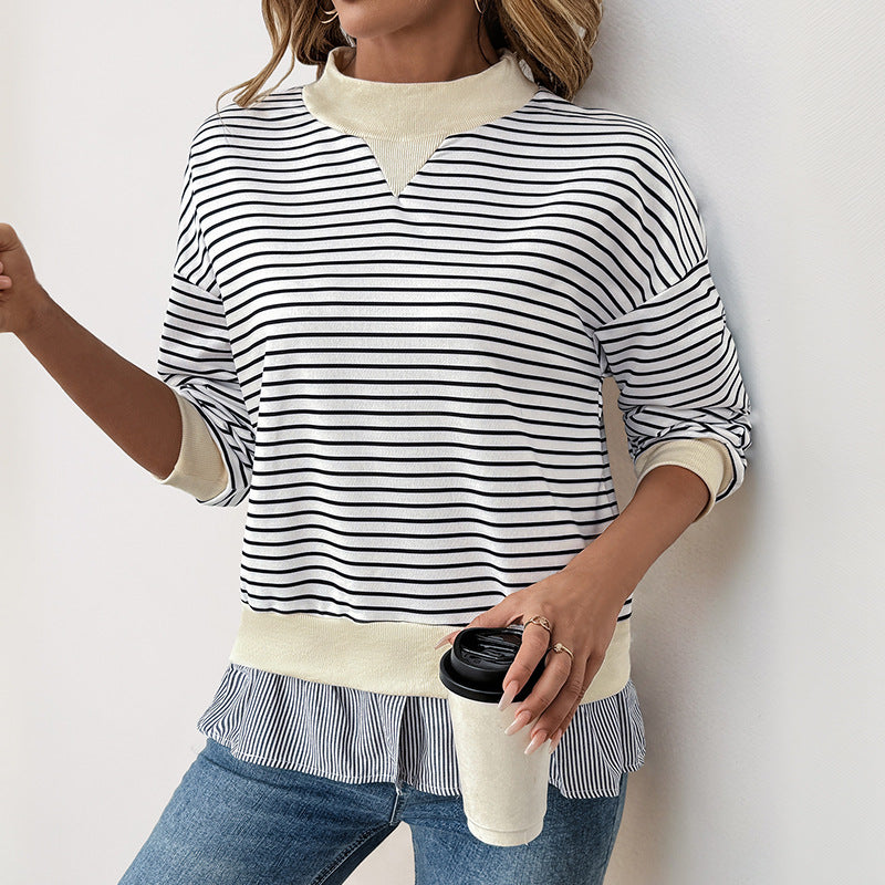 Sweat-shirt tendance pour femmes avec motif de rayures asymétriques et finition à volants Chic & Stil