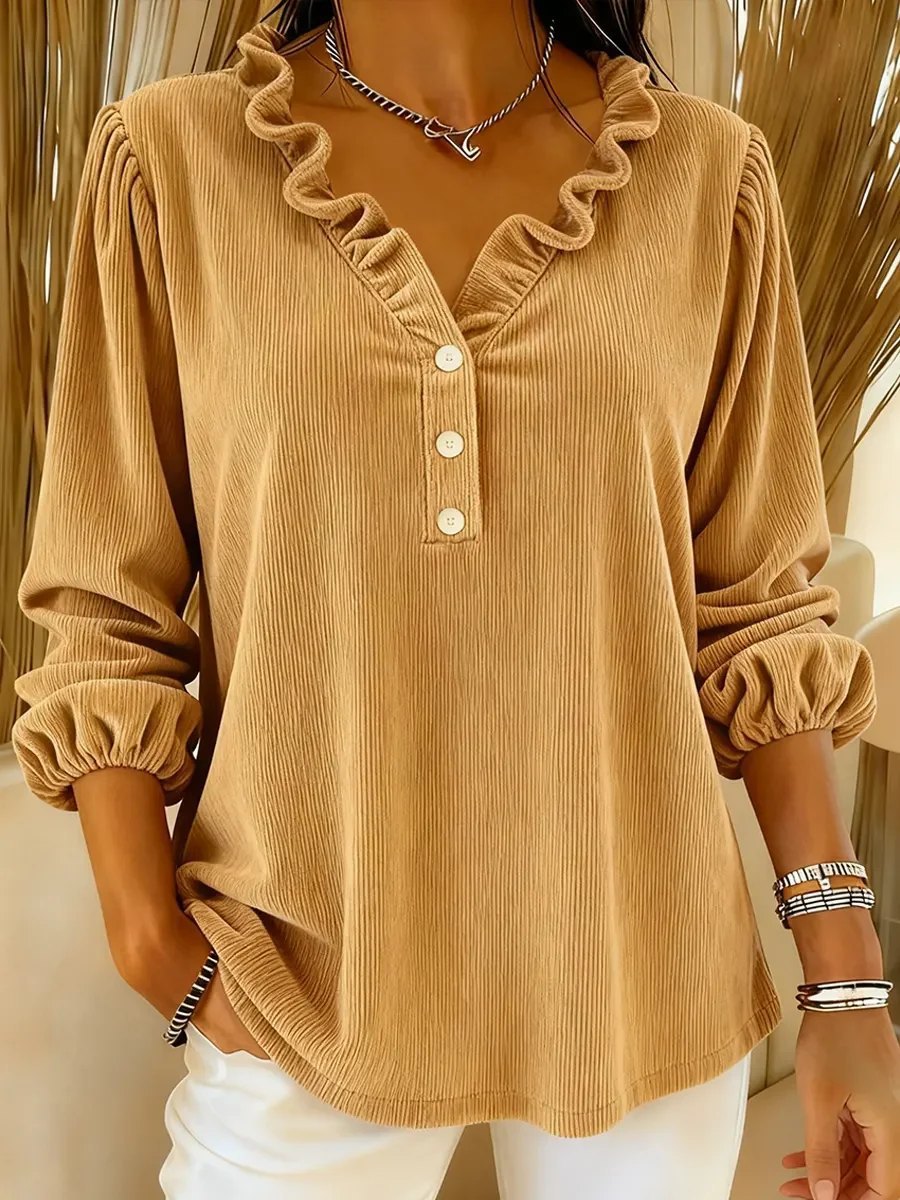 Women's ruffle blouse with button placket and 3/4 sleeves Lune London