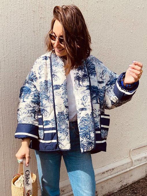 Ladies Oversized Quilted Jacket with Floral Pattern and Contrasting Details Lune London