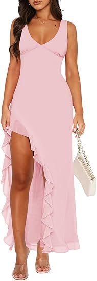 Women's maxi dress with asymmetric hem and ruffle details Lune London