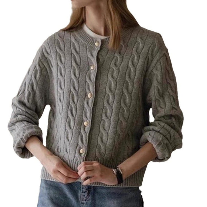 Knitted jacket for women with cable pattern and elegant button details Lune London